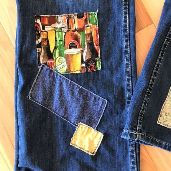 Upcycled Hippie Patchwork Jeans, Men’s Size 36/30: Handmade Bar Scene Patches - Picture 4 of 12